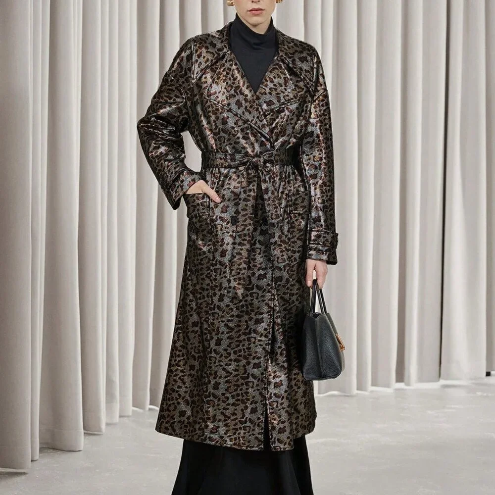 Multicolor Elegant Women's Leopard Print Faux Leather Trench coat / Jacket
